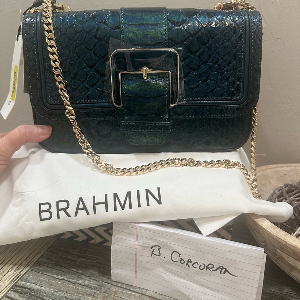 Brahmin Green and Gold Crossbody Bag with Textured Leather